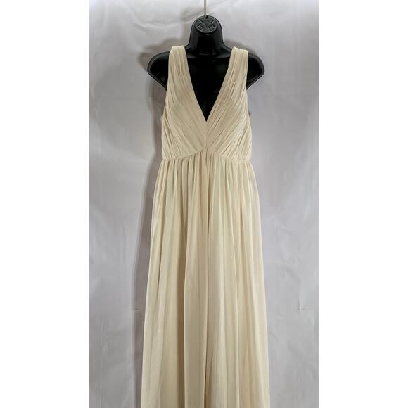 AZAZIE Women's Beige Double V-Neck Sleeveless Mesh Maxi A-Line Dress SZ 12 - Picture 1 of 12